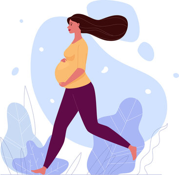 Beautiful pregnant woman is walking barefoot, hugging her big belly. Profile picture. Illustration. Raster in flat cartoon style.