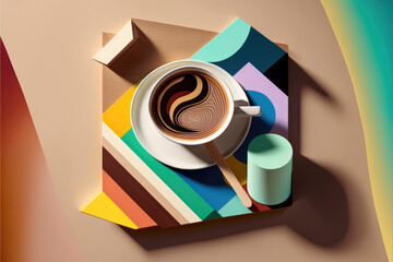 flat lay cup of coffee on abstract geometric surface with shapes generative ai