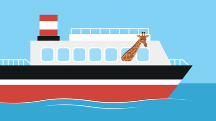 Giraffe on a motor ship - illustration