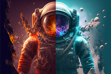Un astronaute divisé en deux, un côté en feu, l'autre côté en glace. Illustration symbolique du réchauffement climatique. - obrazy, fototapety, plakaty