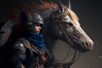 Horse and his rider. Fantasy beast and female character for role playing games and board games. Beautiful illustration. Generative ai.