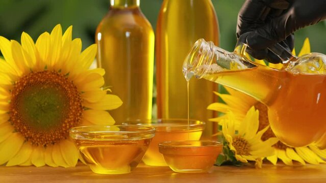 Fresh sunflower oil is poured into a bowl. Sunflower oil and sunflowers, black background slow motion