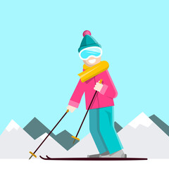 Skier with mountains on background - vector