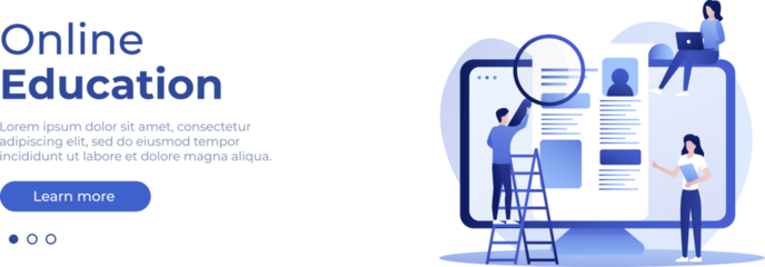 Online education concept. Vector layout for website page. Illustration in flat style with people studying remotely. Students learning online at home. PNG image 