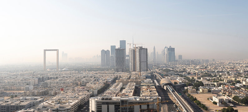 Panoramic beautiful view of the center of Dubai from a height. Dubai, United Arab Emirates