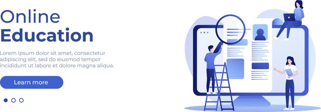 Online education concept. Vector layout for website page. Illustration in flat style with people studying remotely. Students learning online at home. PNG image 