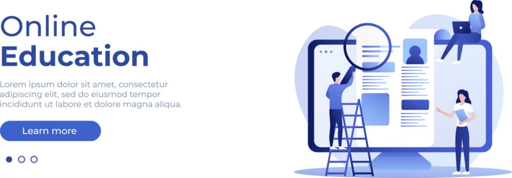 Online education concept. Vector layout for website page. Illustration in flat style with people studying remotely. Students learning online at home. PNG image 