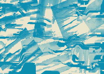 Glitch distorted grunge background . Noise destroyed texture . Trendy defect error shapes . grunge texture . Distressed effect .Vector shapes with a duo tone halftone dots screen print texture.