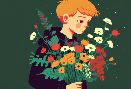 Boy, tinager with beautiful bouquet of flowers..