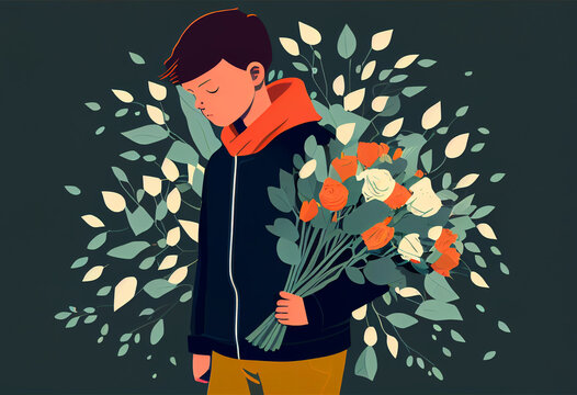 Boy, tinager with beautiful bouquet of flowers..