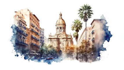 watercolor barcelona street, architecture sketch, generative ai - obrazy, fototapety, plakaty