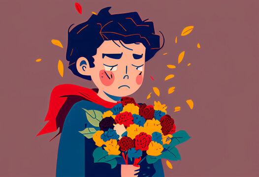 Boy, tinager with beautiful bouquet of flowers..