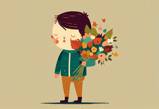 Boy, tinager with beautiful bouquet of flowers..