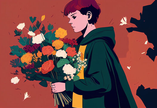 Boy, tinager with beautiful bouquet of flowers..