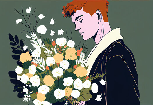 Boy, tinager with beautiful bouquet of flowers..