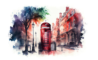 Watercolor illustration with famous London symbol - red telephone box on the background of the street. Watercolor and ink sketch with splashes and blots. Generative ai