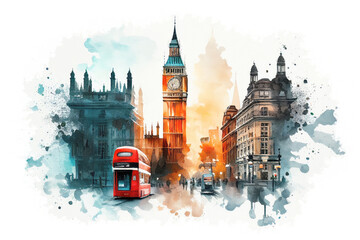 Fototapeta na wymiar Watercolor painting of Big Ben in London city, the UK. English symbol artistic picture. Generative ai