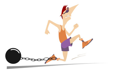 Hard training runner.
Cartoon running man with a heavy connected by the chain with his leg. Isolated on white background
