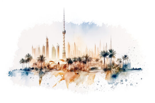 Watercolor illustration of Skyline of Dubai Cityscape landmark skyline. Generative ai