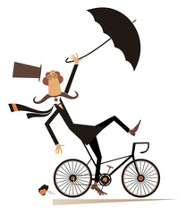 Naklejka premium Rainy and windy day and man rides a bike illustration. Strong wind and rain. Cycling long mustache man in the top hat loses his hat and umbrella. Isolated on white background