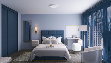 bedroom interior with bed, blue bedroom interior