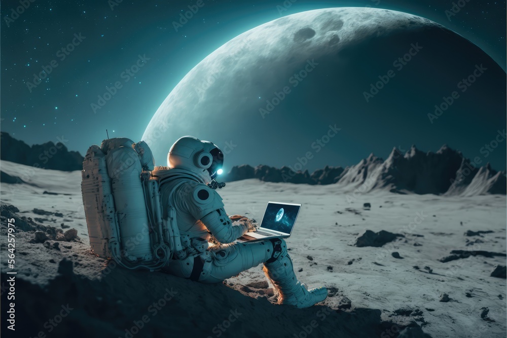 Poster astronaut in space at the moon with laptop made with generative ai