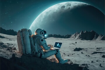 astronaut in space at the moon with laptop made with generative ai - obrazy, fototapety, plakaty