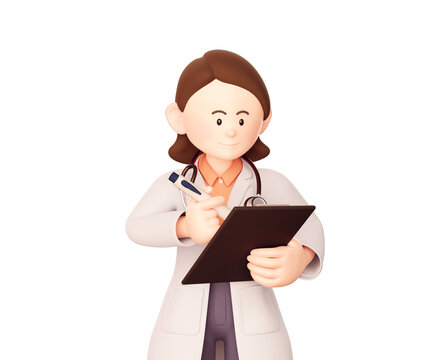 A 3D illustration of a female doctor recording with a pen on the chartboard.
