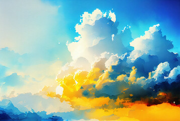 Illustration of cloudscape watercolor painting, blue and yellow clouds swirls generative AI art as concept of hope - 564258532