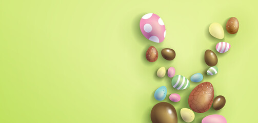 Happy Easter Day greetings background illustration. Colorful chocolate eggs forming a bunny head shape on a flat light background. Easter sales background template with copy space.