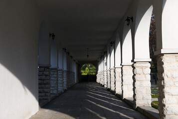 Architectural detail of a pattern of concrete pillars, light and shadow. Special Rehabilitation Hospital Bukovička Banja Arandjelovac, Serbia