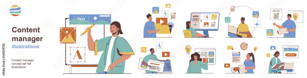 Leinwandbilder Content manager concept with character situations collection. Bundle of scenes people editing online pages, creating digital content, making layout and plan. Vector illustrations in flat web design