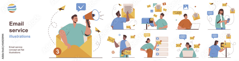 Poster Email service concept with character situations collection. Bundle of scenes people use programs for receive online letters, marketing mailings and spam. Vector illustrations in flat web design
