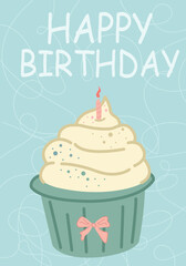 the birthday greeting card with pennies is rectangular in green, yellow, blue. Vector greeting card in a modern style with sweets