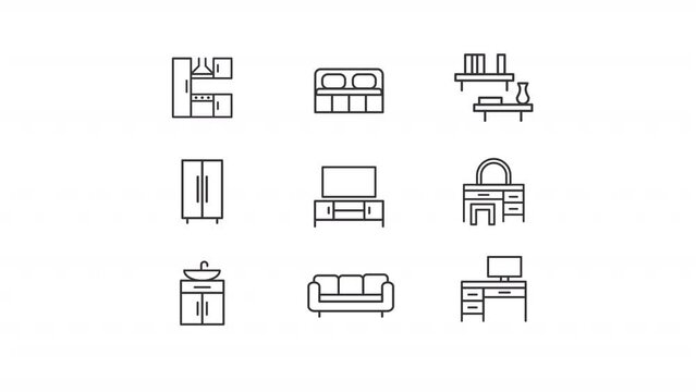 Animated furniture linear icons. Home interior elements. Homeware department store. Seamless loop HD video with alpha channel on transparent background. Outline motion graphic animation