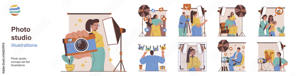 Wall mural Photo studio concept with character situations collection. Bundle of scenes people work as professional photographers and models, do commercial photo shoots. Vector illustrations in flat web design