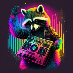 Neon raccoon dj on party Generative AI