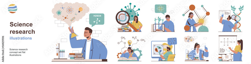 Poster science research concept with character situations collection. bundle of scenes people making chemic