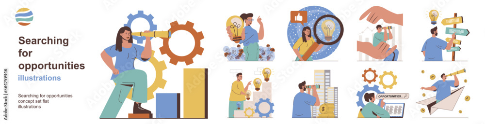 Poster searching for opportunities concept with character situations collection. bundle of scenes people wi