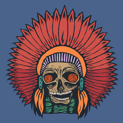 Skull of an Indian with a headdress of feathers. Vector Illustration.
