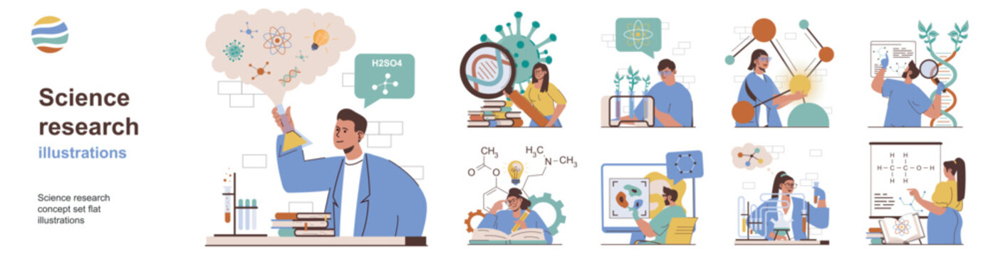 Science research concept with character situations collection. Bundle of scenes people making chemical experiments, study microbiology or viruses, create drugs. Vector illustrations in flat web design
