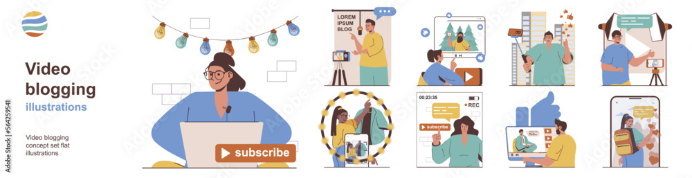 Aufkleber video blogging concept with character situations collection. bundle of scenes people shoot video rev