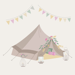 Wedding boho tent vector illustration. Bogemian tipi with flowers at summer event © Purrga