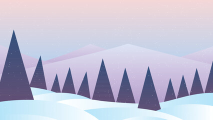 VIEW OF A WHITE EXPANSE OF SNOW IN A PINE FOREST