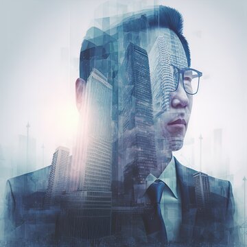 Double exposure image of Asian businessman and office building made with Generative AI.	