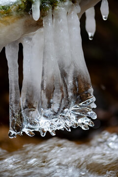 Icicles hanging above a creek. Frozen glossy and tranparent ice structures, macro close up. Cold water flowing underneath melting clear drops on a cold winters morning in Sauerland Germany.