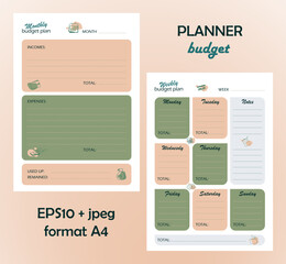 Budget planner for the month and week, A4 format, home accounting