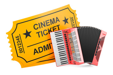 Cinema tickets with piano accordion, 3D rendering