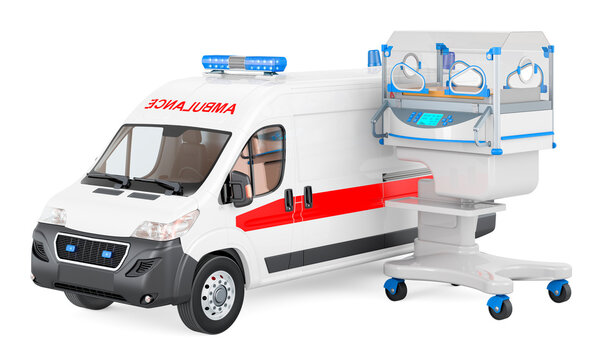 Ambulance van with neonatal incubator, 3D rendering