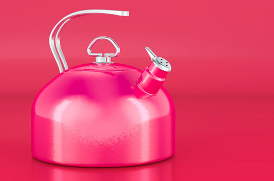 Big metallic kettle in trending viva magenta colors, 3D rendering